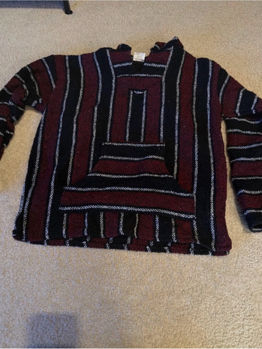 Striped Crewneck Baja Sweater in Burgundy and Black
